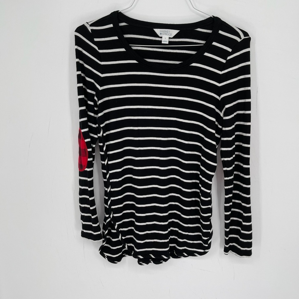 Market & Spruce Women's Black Striped Elbow Patch Long Sleeve Top Size S